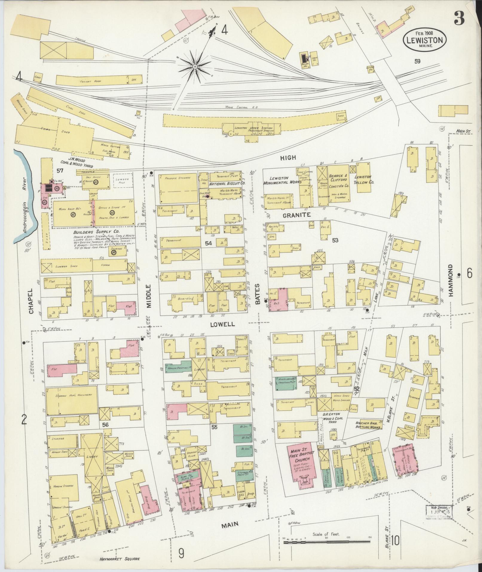 Sanborn Fire Insurance Map from Lewiston, Androscoggin County, Maine (1908), Sheet #0003 - Complete Map Set gallery image, historic Sanborn map, vintage wall art, Maine Maine