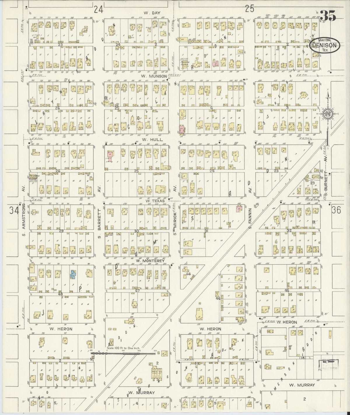 Sanborn Fire Insurance Map from Denison, Grayson County, Texas (1914), Sheet #0035 - Historic Sanborn Fire Insurance Map Print, vintage old map wall art, antique decor, genealogy gift, Texas Texas map