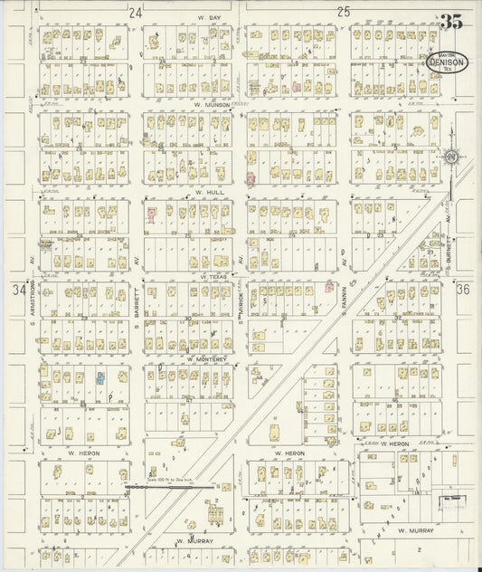 Sanborn Fire Insurance Map from Denison, Grayson County, Texas (1914), Sheet #0035 - Historic Sanborn Fire Insurance Map Print, vintage old map wall art, antique decor, genealogy gift, Texas Texas map