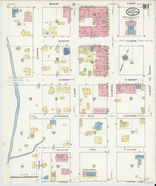 Sanborn Fire Insurance Map from Seguin, Guadalupe County, Texas (1916), Sheet #0010 - Historic Sanborn Fire Insurance Map Print, vintage old map wall art, antique decor, genealogy gift, Texas Texas map