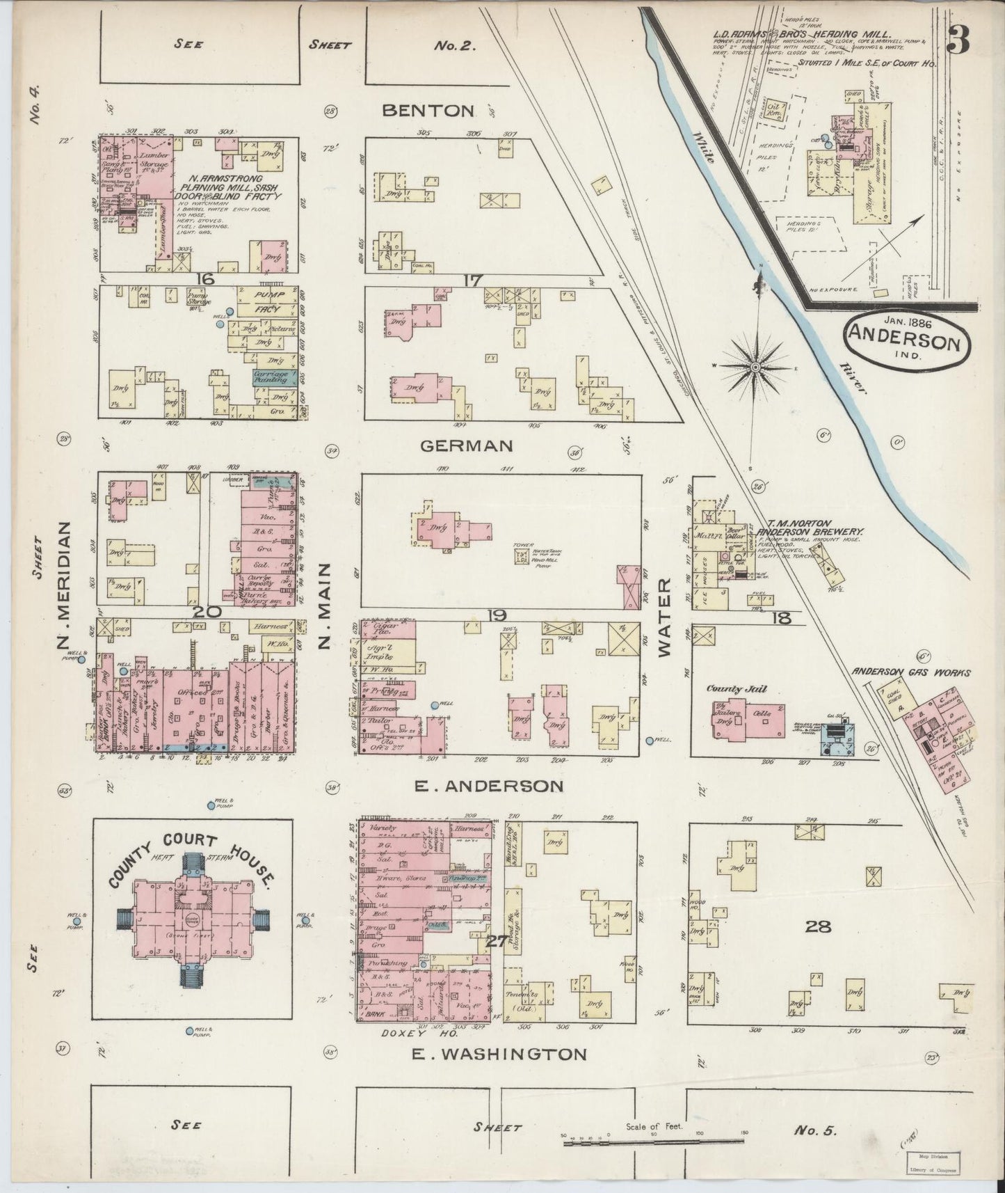 Sanborn Fire Insurance Map from Anderson, Madison County, Indiana (1886), Sheet #0003 - Historic Sanborn Fire Insurance Map Print, vintage old map wall art, antique decor, genealogy gift, Indiana Indiana map