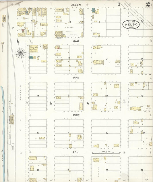 Sanborn Fire Insurance Map from Kelso, Cowlitz County, Washington (1896), Sheet #0002 - Historic Sanborn Fire Insurance Map Print, vintage old map wall art, antique decor, genealogy gift, Washington Washington map