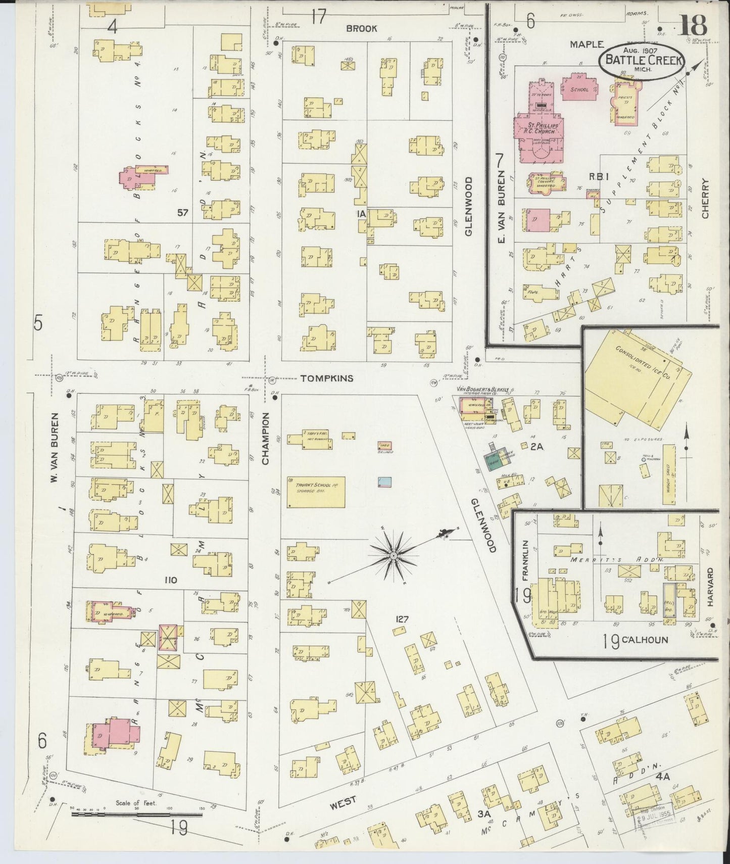 Sanborn Fire Insurance Map from Battle Creek, Calhoun County, Michigan (1907), Sheet #0018 - Historic Sanborn Fire Insurance Map Print, vintage old map wall art, antique decor, genealogy gift, Michigan Michigan map