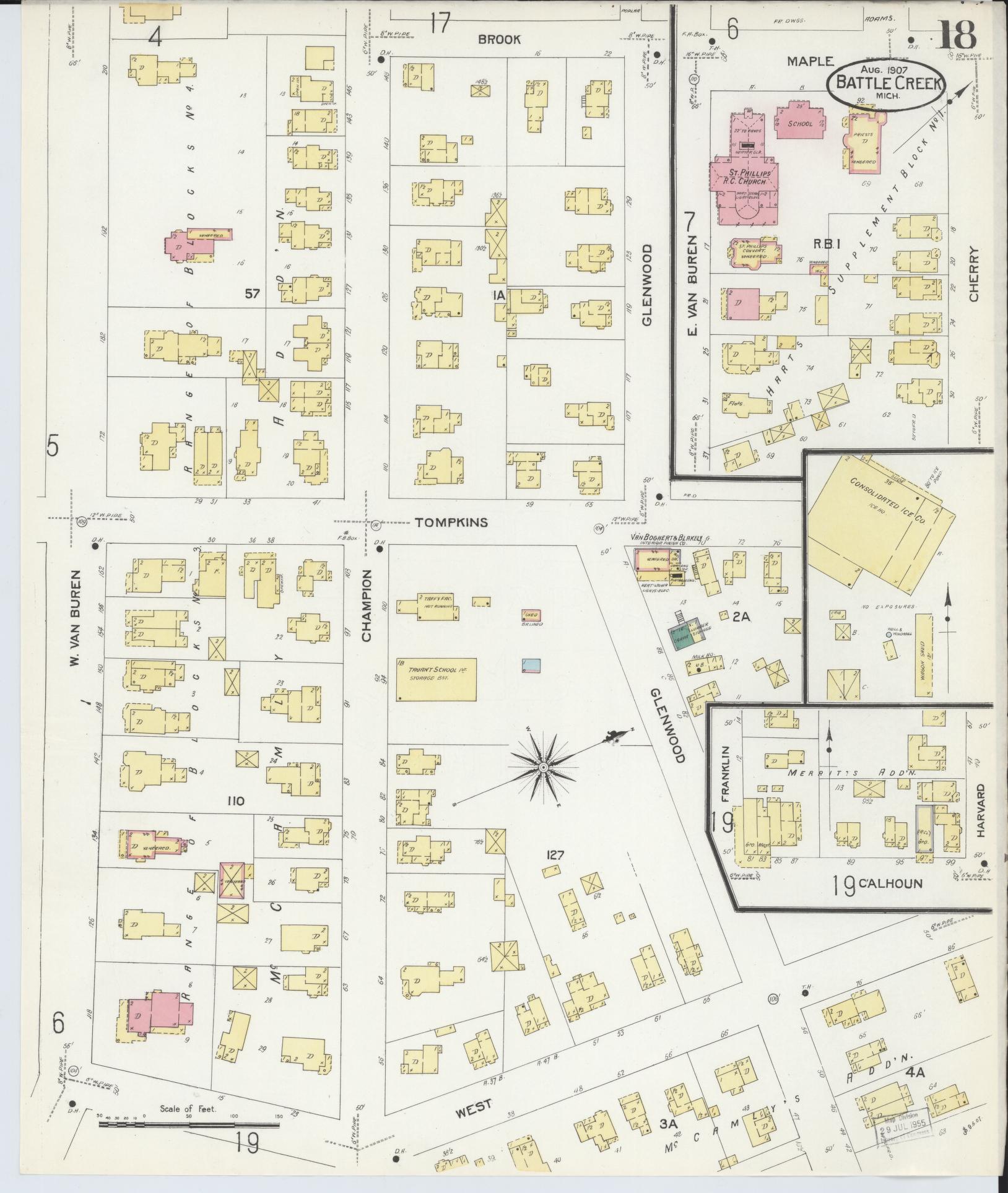 Sanborn Fire Insurance Map from Battle Creek, Calhoun County, Michigan (1907), Sheet #0018 - Historic Sanborn Fire Insurance Map Print, vintage old map wall art, antique decor, genealogy gift, Michigan Michigan map