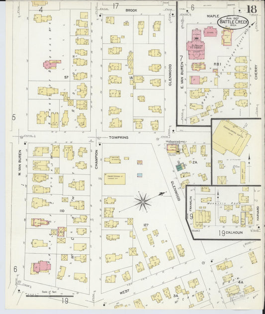 Sanborn Fire Insurance Map from Battle Creek, Calhoun County, Michigan (1907), Sheet #0018 - Historic Sanborn Fire Insurance Map Print, vintage old map wall art, antique decor, genealogy gift, Michigan Michigan map