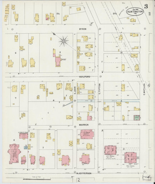 Sanborn Fire Insurance Map from Huntington, Huntington County, Indiana (1898), Sheet #0003 - Historic Sanborn Fire Insurance Map Print, vintage old map wall art, antique decor, genealogy gift, Indiana Indiana map