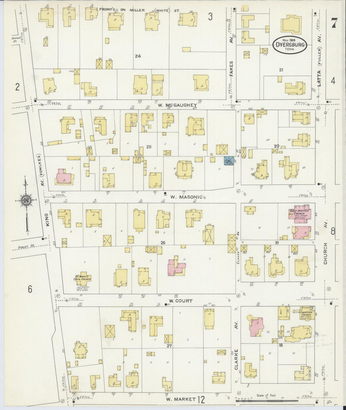 Sanborn Fire Insurance Map from Dyersburg, Dyer County, Tennessee (1909), Sheet #0007 - Historic Sanborn Fire Insurance Map Print, vintage old map wall art, antique decor, genealogy gift, Tennessee Tennessee map
