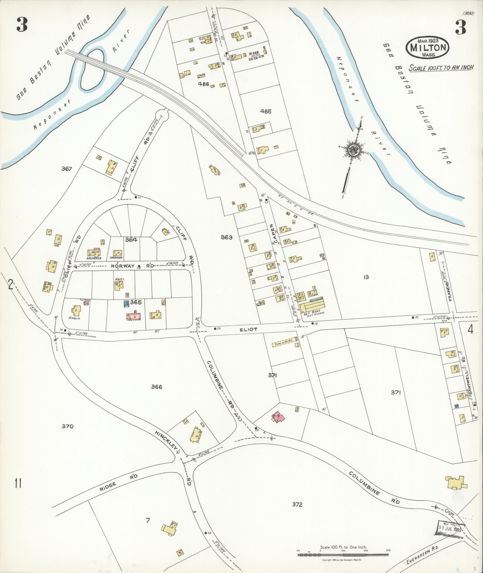 Sanborn Fire Insurance Map from Milton, Norfolk County, Massachusetts (1923), Sheet #0003 - Historic Sanborn Fire Insurance Map Print, vintage old map wall art, antique decor, genealogy gift, Massachusetts Massachusetts map