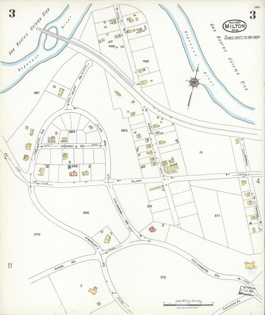 Sanborn Fire Insurance Map from Milton, Norfolk County, Massachusetts (1923), Sheet #0003 - Historic Sanborn Fire Insurance Map Print, vintage old map wall art, antique decor, genealogy gift, Massachusetts Massachusetts map