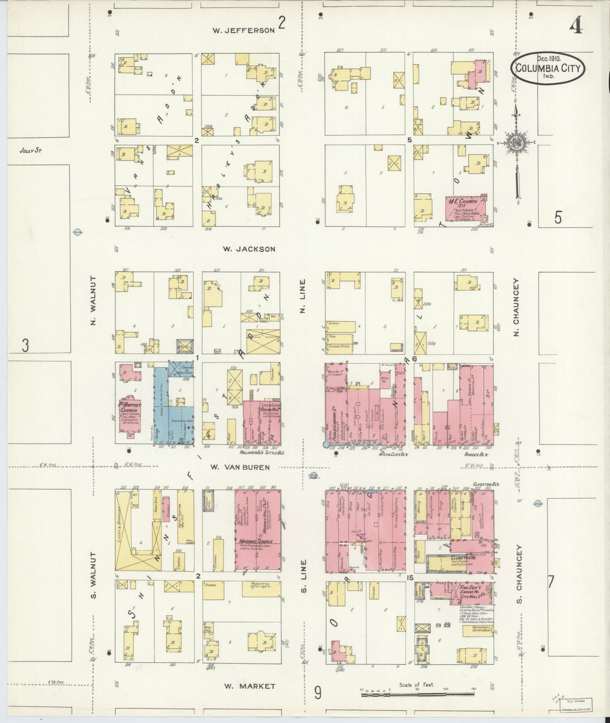 Sanborn Fire Insurance Map from Columbia City, Whitley County, Indiana (1910), Sheet #0004 - Historic Sanborn Fire Insurance Map Print, vintage old map wall art, antique decor, genealogy gift, Indiana Indiana map