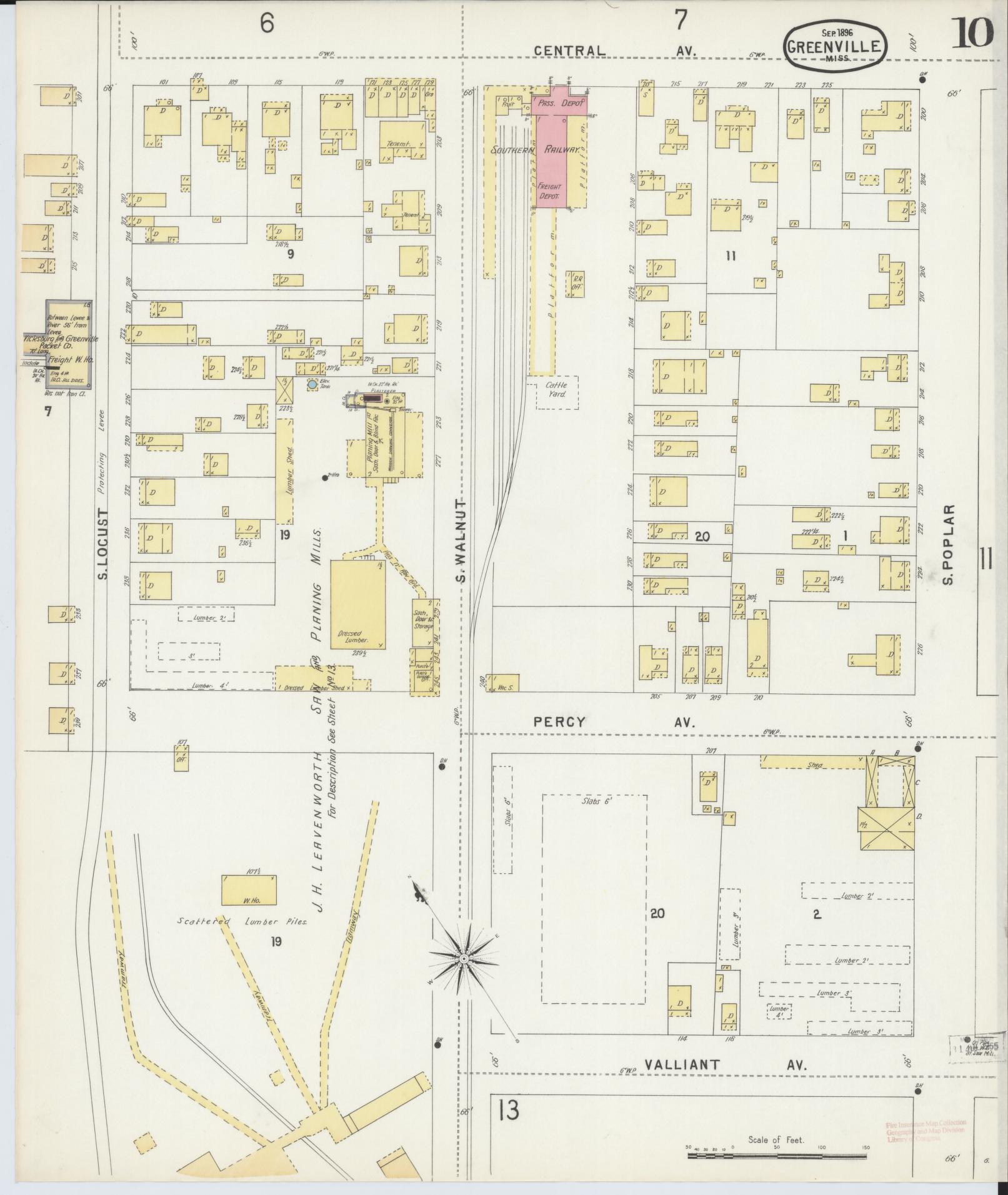 Sanborn Fire Insurance Map from Greenville, Washington County, Mississippi (1896), Sheet #0010 - Complete Map Set gallery image, historic Sanborn map, vintage wall art, Mississippi Mississippi