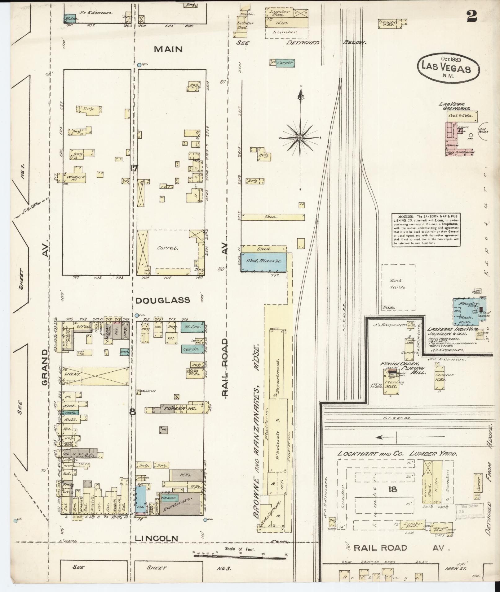 Sanborn Fire Insurance Map from Las Vegas, San Miguel County, New Mexico (1883), Sheet #0002 - Complete Map Set gallery image, historic Sanborn map, vintage wall art, New Mexico New Mexico