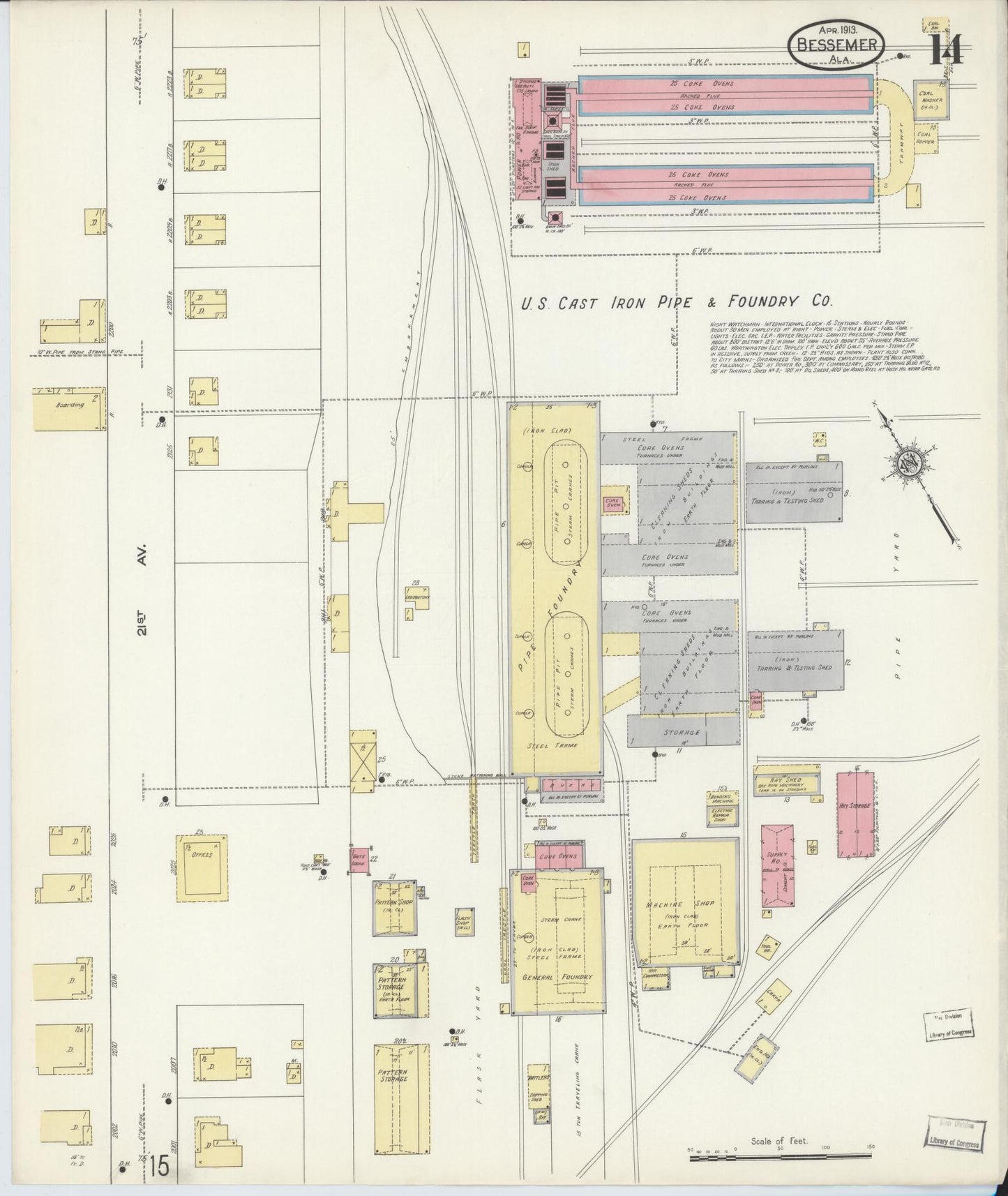 Sanborn Fire Insurance Map from Bessemer, Jefferson County, Alabama (1913), Sheet #0014 - Complete Map Set gallery image, historic Sanborn map, vintage wall art, Alabama Alabama