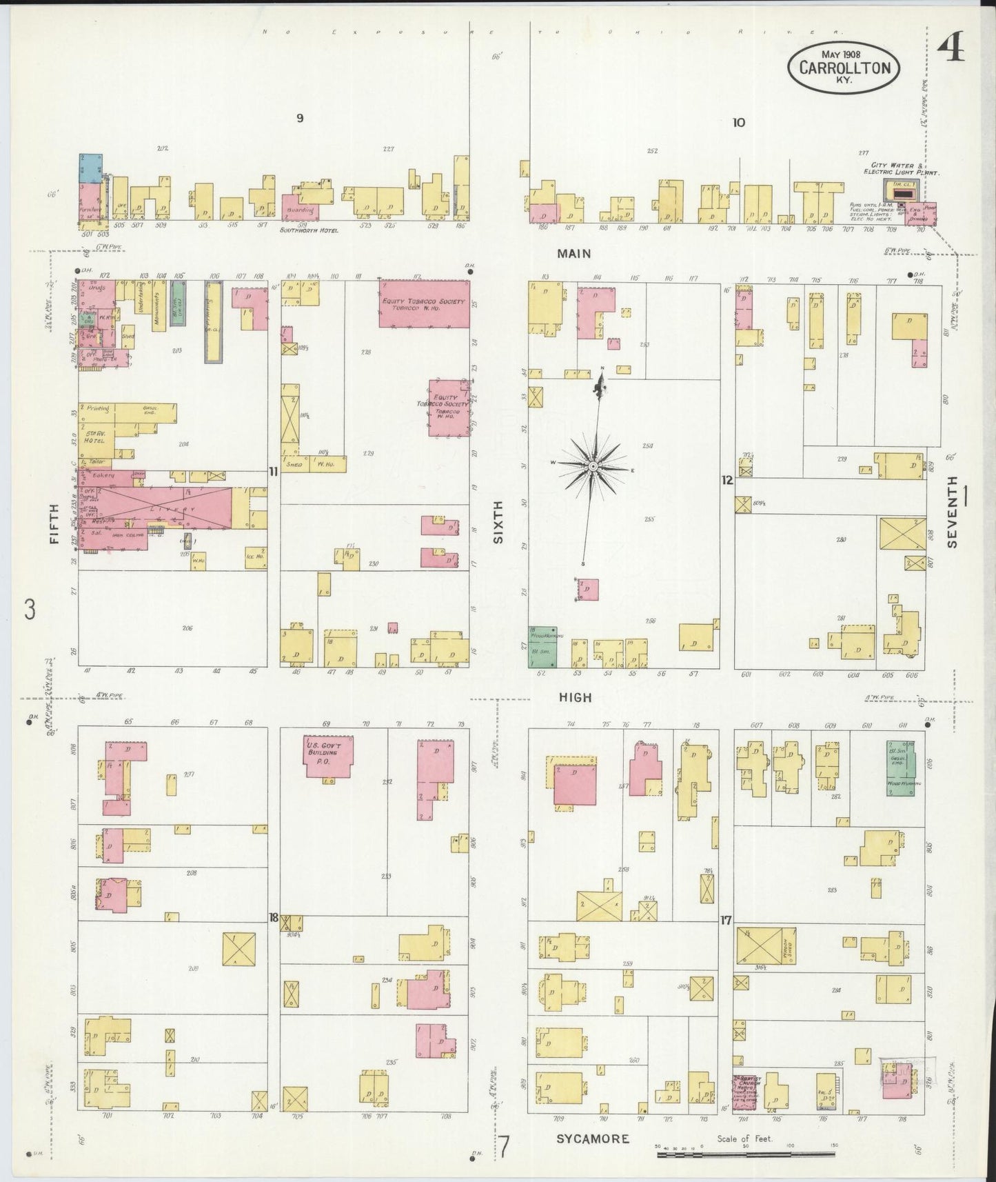 Sanborn Fire Insurance Map from Carrollton, Carroll County, Kentucky (1908), Sheet #0004 - Historic Sanborn Fire Insurance Map Print, vintage old map wall art, antique decor, genealogy gift, Kentucky Kentucky map