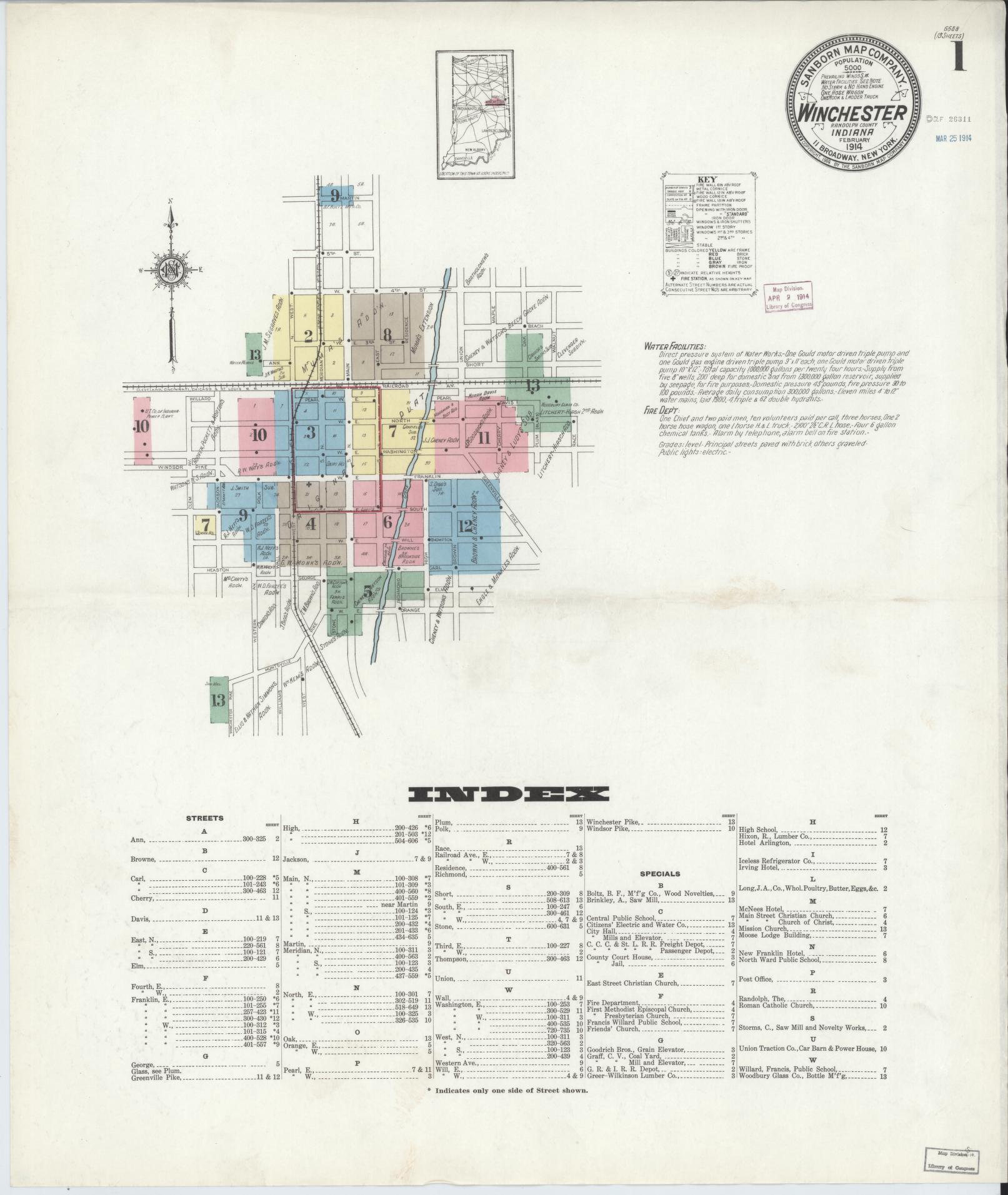 Sanborn Fire Insurance Map from Winchester, Randolph County, Indiana (1914), Sheet #0001 - Complete Map Set gallery image, historic Sanborn map, vintage wall art, Indiana Indiana