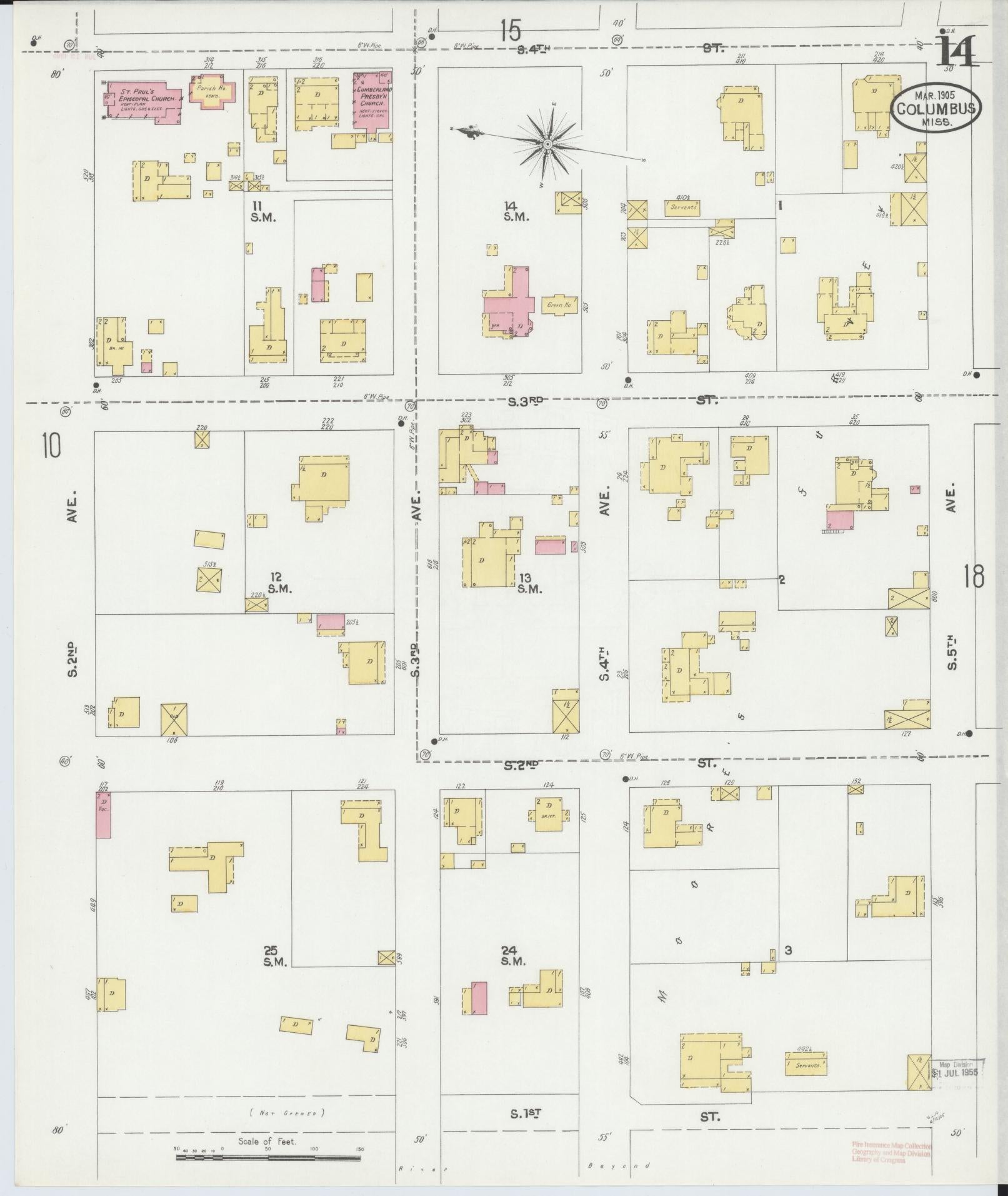Sanborn Fire Insurance Map from Columbus, Lowndes County, Mississippi (1905), Sheet #0014 - Historic Sanborn Fire Insurance Map Print, vintage old map wall art, antique decor, genealogy gift, Mississippi Mississippi map