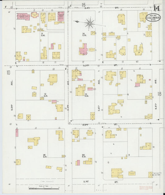 Sanborn Fire Insurance Map from Columbus, Lowndes County, Mississippi (1905), Sheet #0014 - Historic Sanborn Fire Insurance Map Print, vintage old map wall art, antique decor, genealogy gift, Mississippi Mississippi map
