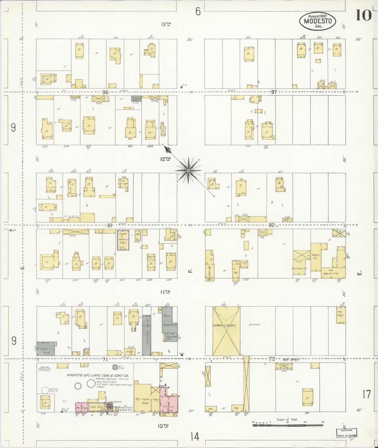 Sanborn Fire Insurance Map from Modesto, Stanislaus County, California (1907), Sheet #0010 - Historic Sanborn Fire Insurance Map Print, vintage old map wall art, antique decor, genealogy gift, California California map