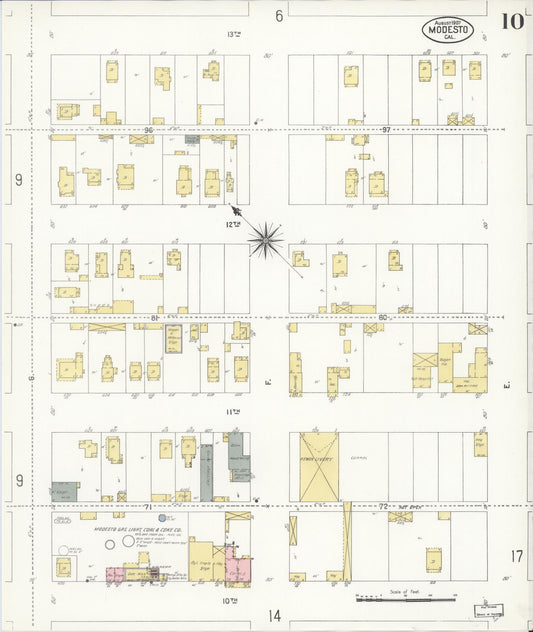Sanborn Fire Insurance Map from Modesto, Stanislaus County, California (1907), Sheet #0010 - Historic Sanborn Fire Insurance Map Print, vintage old map wall art, antique decor, genealogy gift, California California map