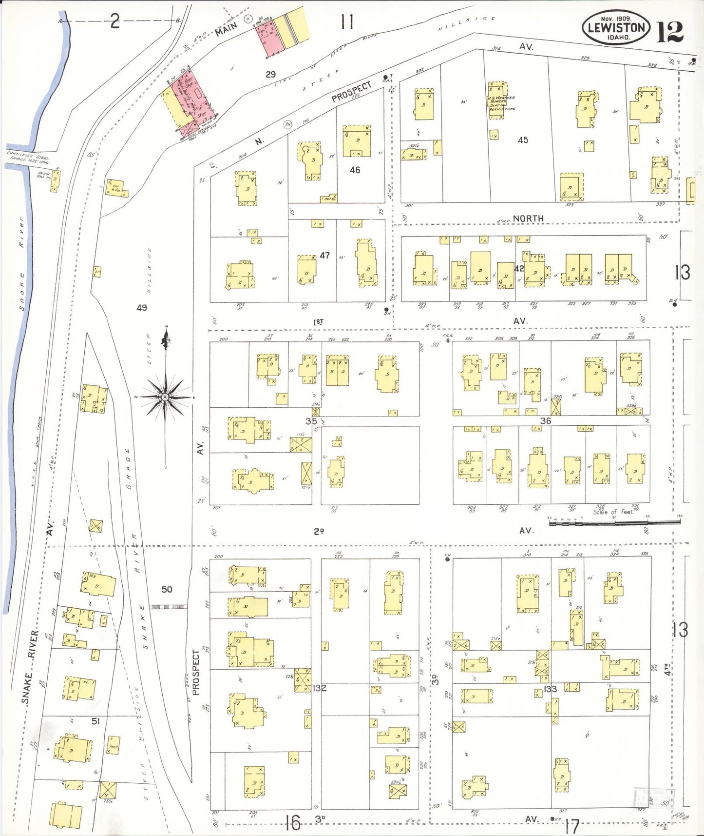 Sanborn Fire Insurance Map from Lewiston, Nez Perce County, Idaho (1909), Sheet #0012 - Historic Sanborn Fire Insurance Map Print, vintage old map wall art, antique decor, genealogy gift, Idaho Idaho map