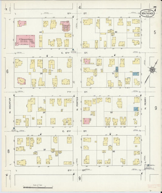 Sanborn Fire Insurance Map from Watkins Glen, Schuyler County, New York (1914), Sheet #0007 - Historic Sanborn Fire Insurance Map Print, vintage old map wall art, antique decor, genealogy gift, New York New York map