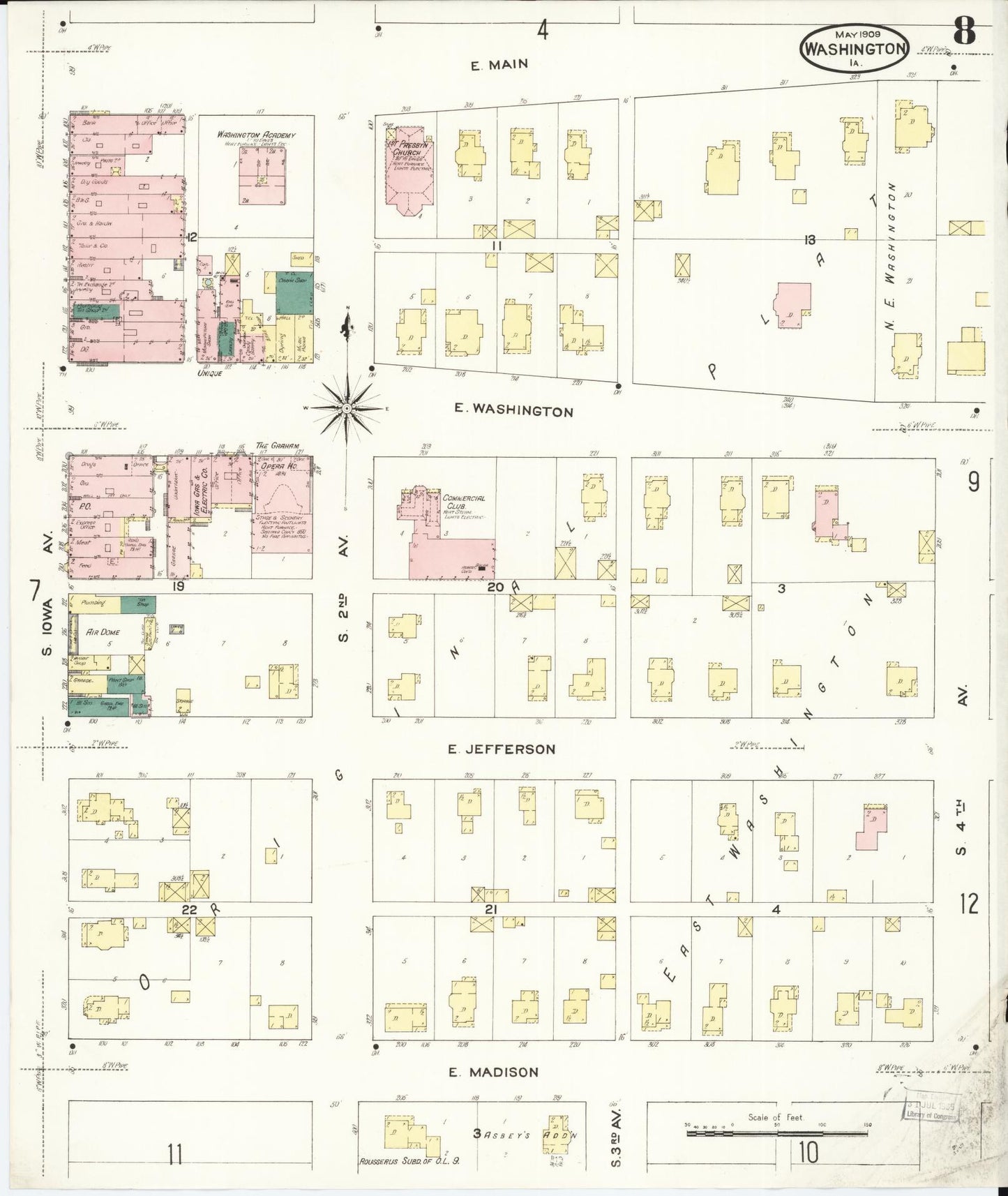Sanborn Fire Insurance Map from Washington, Washington County, Iowa (1909), Sheet #0008 - Historic Sanborn Fire Insurance Map Print, vintage old map wall art