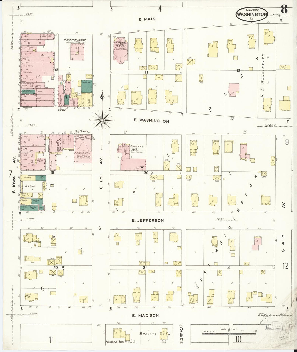 Sanborn Fire Insurance Map from Washington, Washington County, Iowa (1909), Sheet #0008 - Historic Sanborn Fire Insurance Map Print, vintage old map wall art