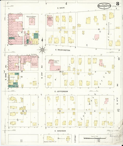 Sanborn Fire Insurance Map from Washington, Washington County, Iowa (1909), Sheet #0008 - Historic Sanborn Fire Insurance Map Print, vintage old map wall art