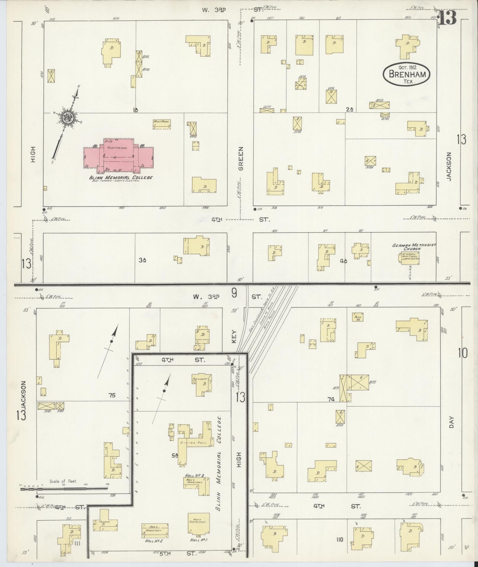 Sanborn Fire Insurance Map from Brenham, Washington County, Texas (1912), Sheet #0013 - Historic Sanborn Fire Insurance Map Print, vintage old map wall art, antique decor, genealogy gift, Texas Texas map