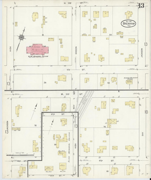 Sanborn Fire Insurance Map from Brenham, Washington County, Texas (1912), Sheet #0013 - Historic Sanborn Fire Insurance Map Print, vintage old map wall art, antique decor, genealogy gift, Texas Texas map
