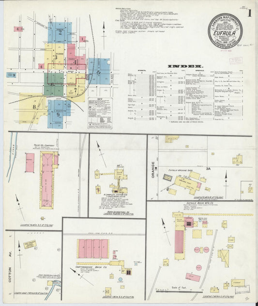 Sanborn Fire Insurance Map from Eufaula, Barbour County, Alabama (1910), Sheet #0001 - Historic Sanborn Fire Insurance Map Print, vintage old map wall art, antique decor, genealogy gift, Alabama Alabama map