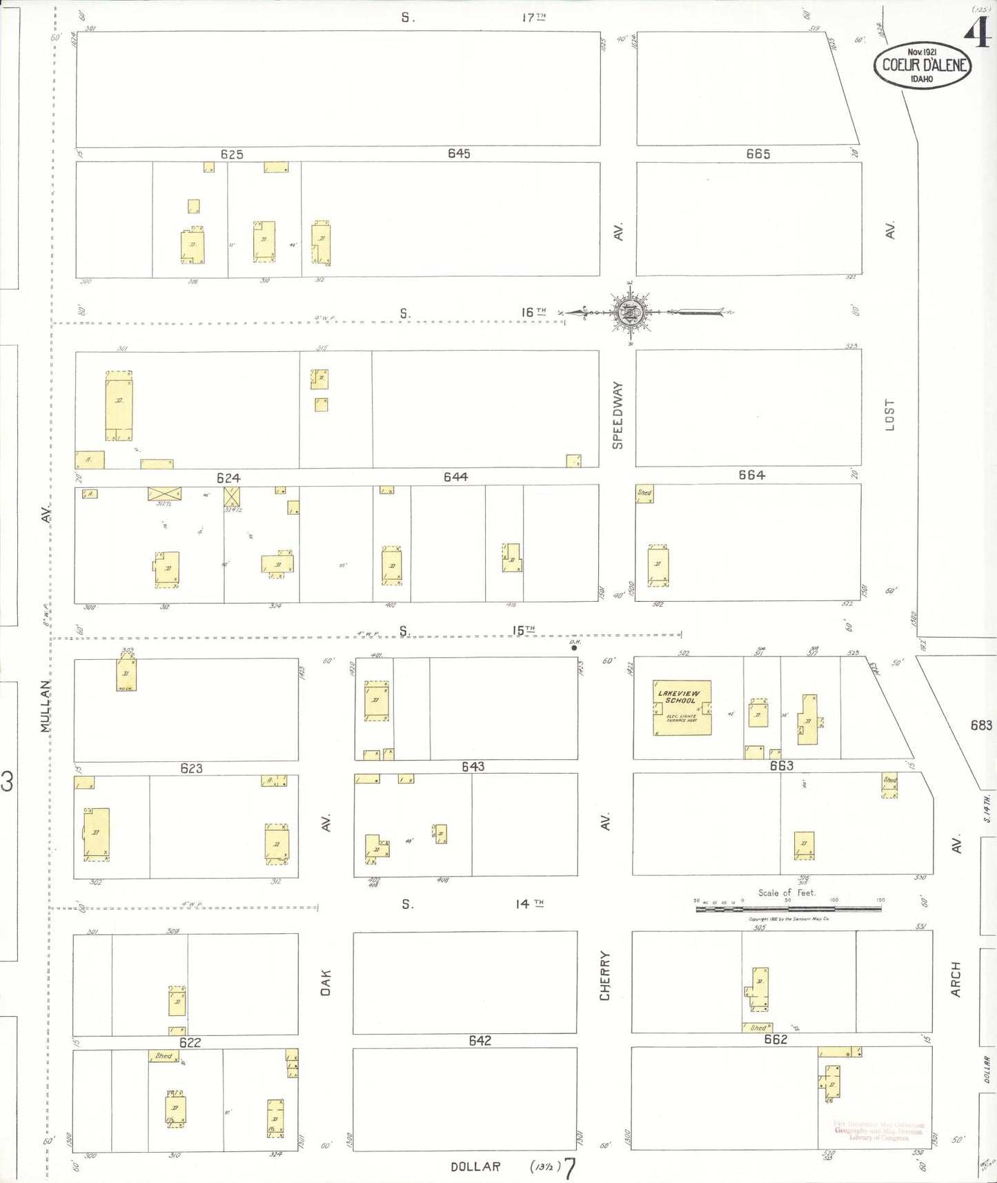Sanborn Fire Insurance Map from Coeur D'alene, Kootenai County, Idaho (1921), Sheet #0004 - Historic Sanborn Fire Insurance Map Print, vintage old map wall art, antique decor, genealogy gift, Idaho Idaho map