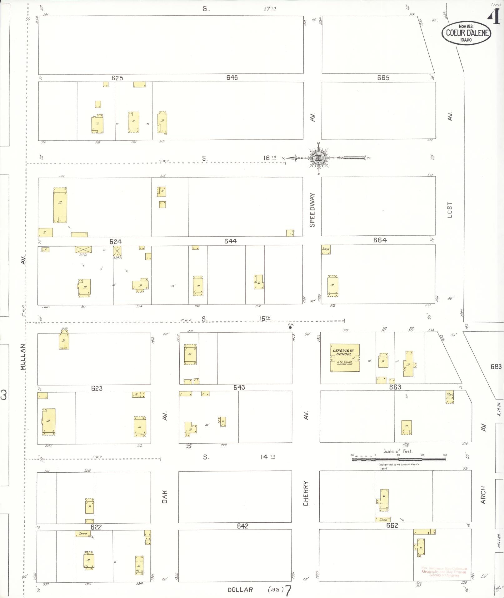 Sanborn Fire Insurance Map from Coeur D'alene, Kootenai County, Idaho (1921), Sheet #0004 - Historic Sanborn Fire Insurance Map Print, vintage old map wall art, antique decor, genealogy gift, Idaho Idaho map