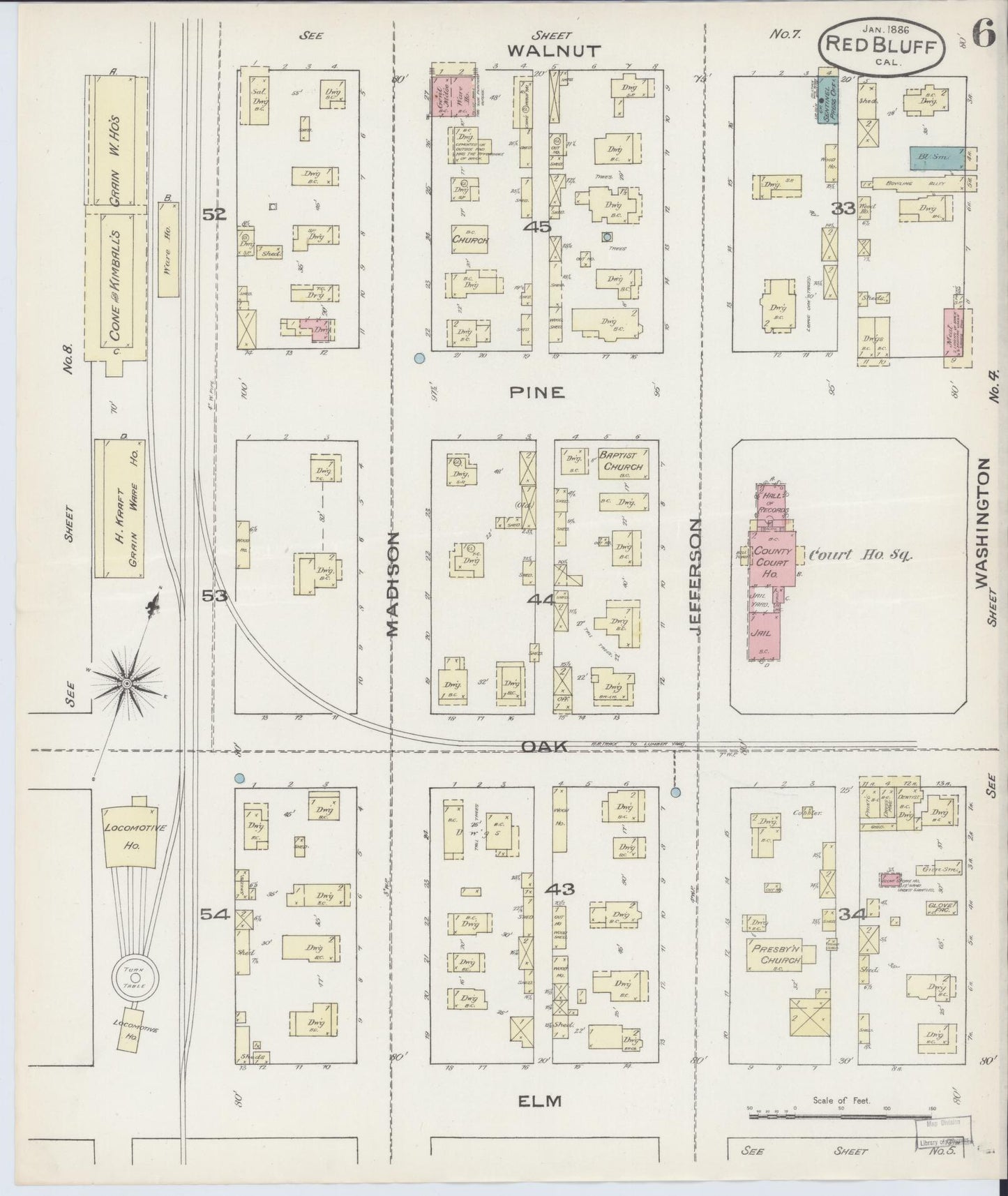 Sanborn Fire Insurance Map from Red Bluff, Tehama County, California (1886), Sheet #0006 - Complete Map Set gallery image, historic Sanborn map, vintage wall art, California California