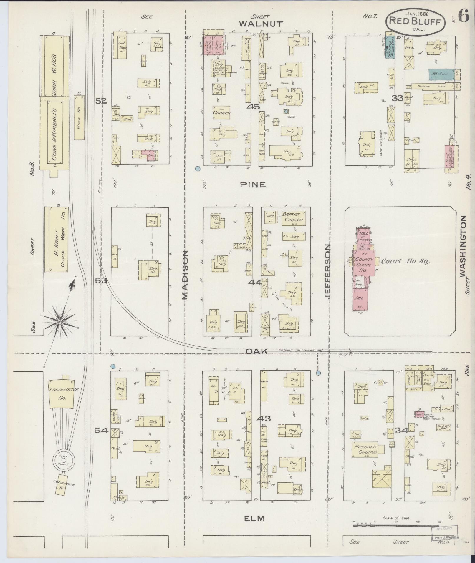 Sanborn Fire Insurance Map from Red Bluff, Tehama County, California (1886), Sheet #0006 - Complete Map Set gallery image, historic Sanborn map, vintage wall art, California California