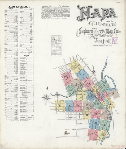 Sanborn Fire Insurance Map from Napa, Napa County, California (1901), Sheet #0001 - Historic Sanborn Fire Insurance Map Print, vintage old map wall art, antique decor, genealogy gift, California California map