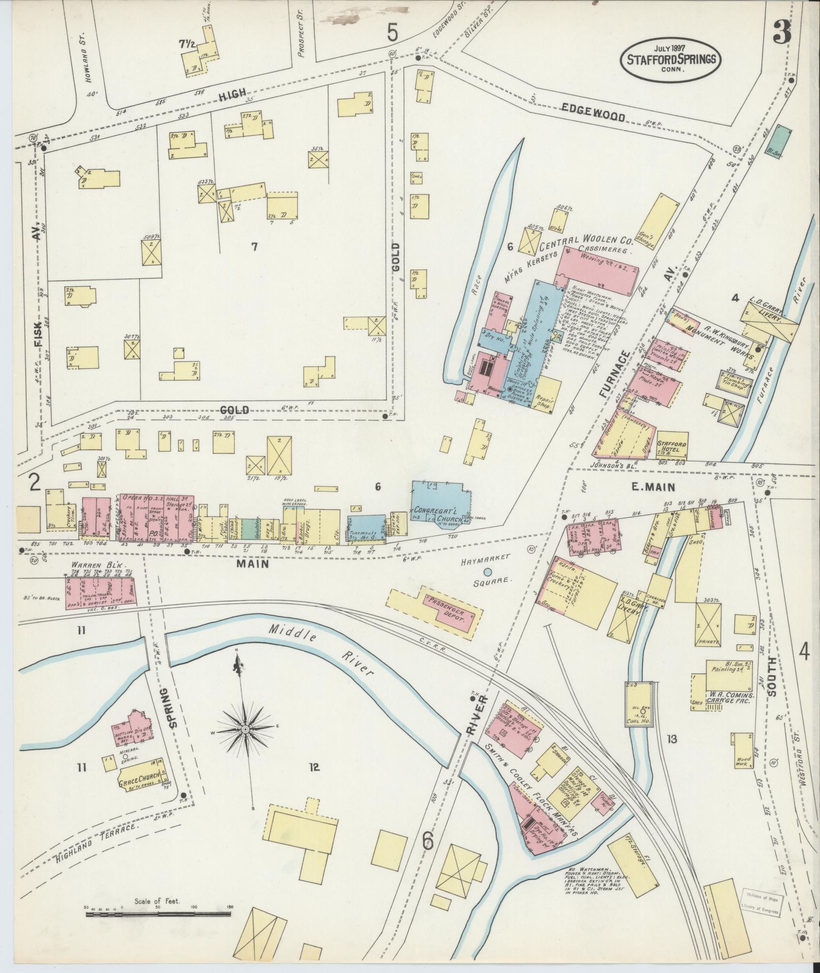 Sanborn Fire Insurance Map from Stafford Springs, Tolland County, Connecticut (1897), Sheet #0003 - Complete Map Set gallery image, historic Sanborn map, vintage wall art, Connecticut Connecticut