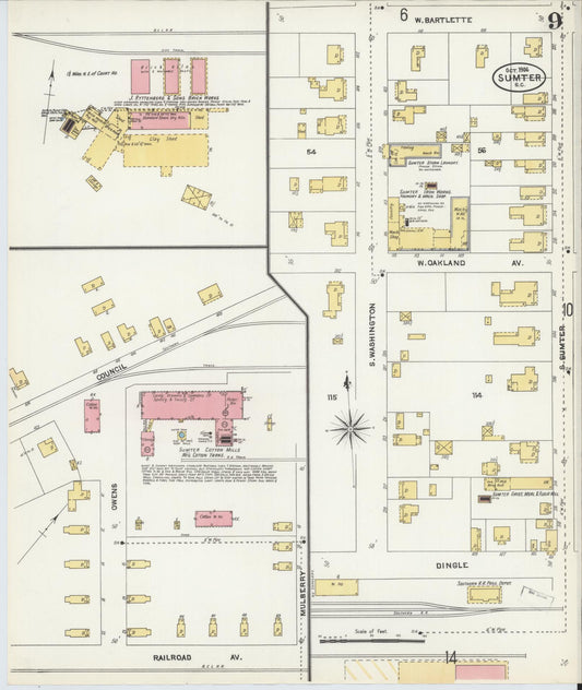 Sanborn Fire Insurance Map from Sumter, Sumter County, South Carolina (1906), Sheet #0009 - Historic Sanborn Fire Insurance Map Print, vintage old map wall art, antique decor, genealogy gift, South Carolina South Carolina map