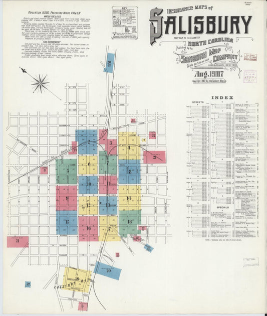 Sanborn Fire Insurance Map from Salisbury, Rowan County, North Carolina (1907), Sheet #0001 - Complete Map Set gallery image, historic Sanborn map, vintage wall art, North Carolina North Carolina