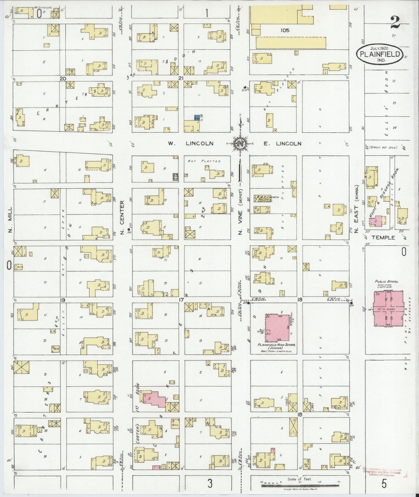 Sanborn Fire Insurance Map from Plainfield, Hendricks County, Indiana (1920), Sheet #0002 - Historic Sanborn Fire Insurance Map Print, vintage old map wall art, antique decor, genealogy gift, Indiana Indiana map