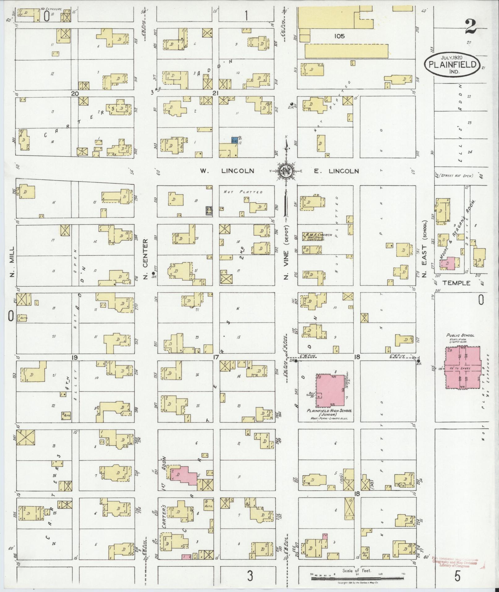 Sanborn Fire Insurance Map from Plainfield, Hendricks County, Indiana (1920), Sheet #0002 - Historic Sanborn Fire Insurance Map Print, vintage old map wall art, antique decor, genealogy gift, Indiana Indiana map