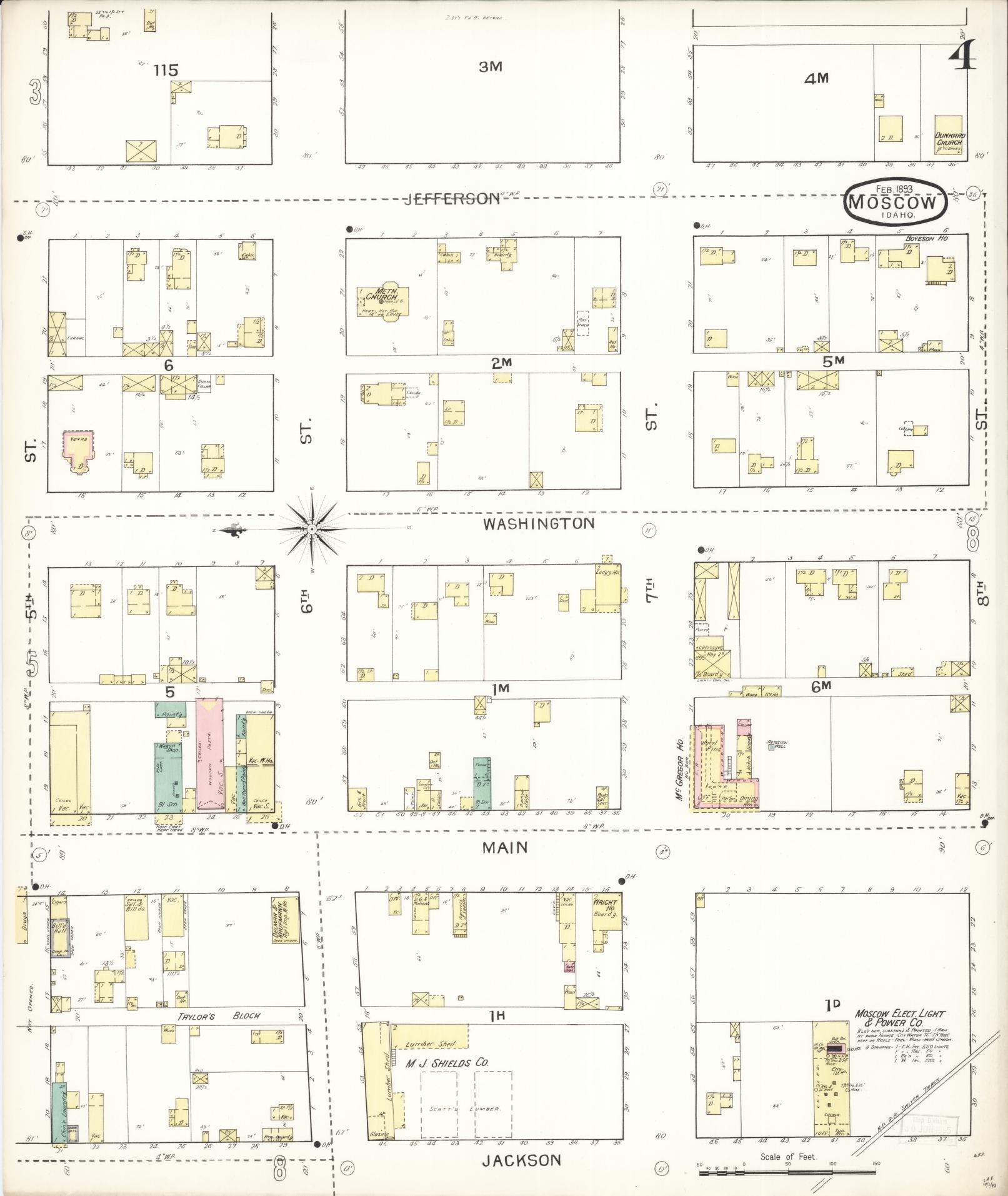 Sanborn Fire Insurance Map from Moscow, Latah County, Idaho (1893), Sheet #0004 - Historic Sanborn Fire Insurance Map Print, vintage old map wall art, antique decor, genealogy gift, Idaho Idaho map