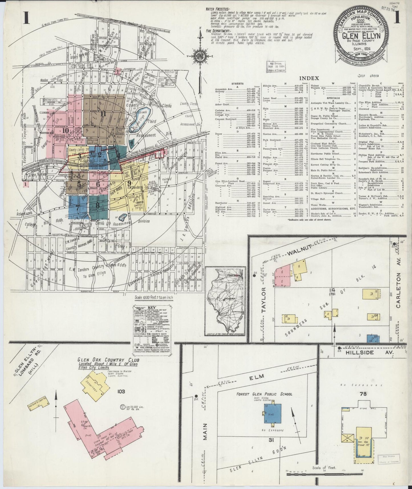 Sanborn Fire Insurance Map from Glen Ellyn, Du Page County, Illinois (1924), Sheet #0001 - Historic Sanborn Fire Insurance Map Print, vintage old map wall art, antique decor, genealogy gift, Illinois Illinois map