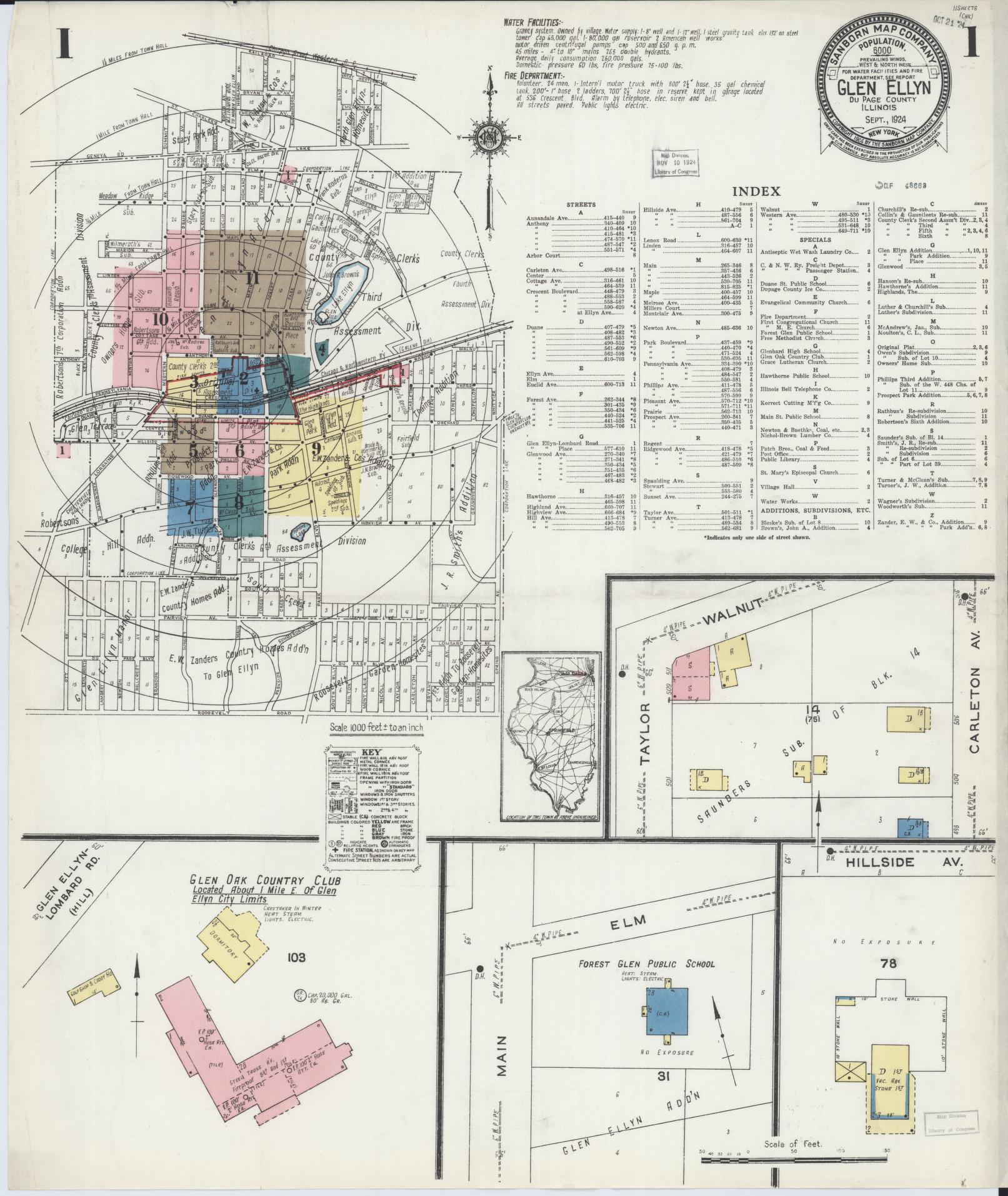 Sanborn Fire Insurance Map from Glen Ellyn, Du Page County, Illinois (1924), Sheet #0001 - Historic Sanborn Fire Insurance Map Print, vintage old map wall art, antique decor, genealogy gift, Illinois Illinois map