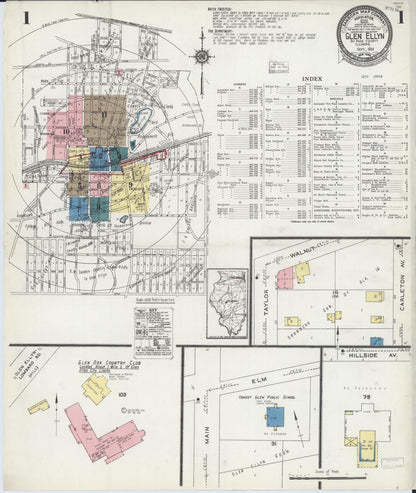 Sanborn Fire Insurance Map from Glen Ellyn, Du Page County, Illinois (1924), Sheet #0001 - Historic Sanborn Fire Insurance Map Print, vintage old map wall art, antique decor, genealogy gift, Illinois Illinois map