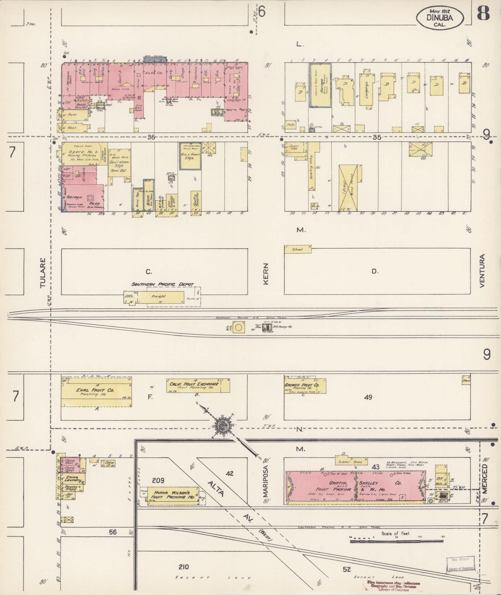 Sanborn Fire Insurance Map from Dinuba, Tulare County, California (1912), Sheet #0008 - Complete Map Set gallery image, historic Sanborn map, vintage wall art, California California