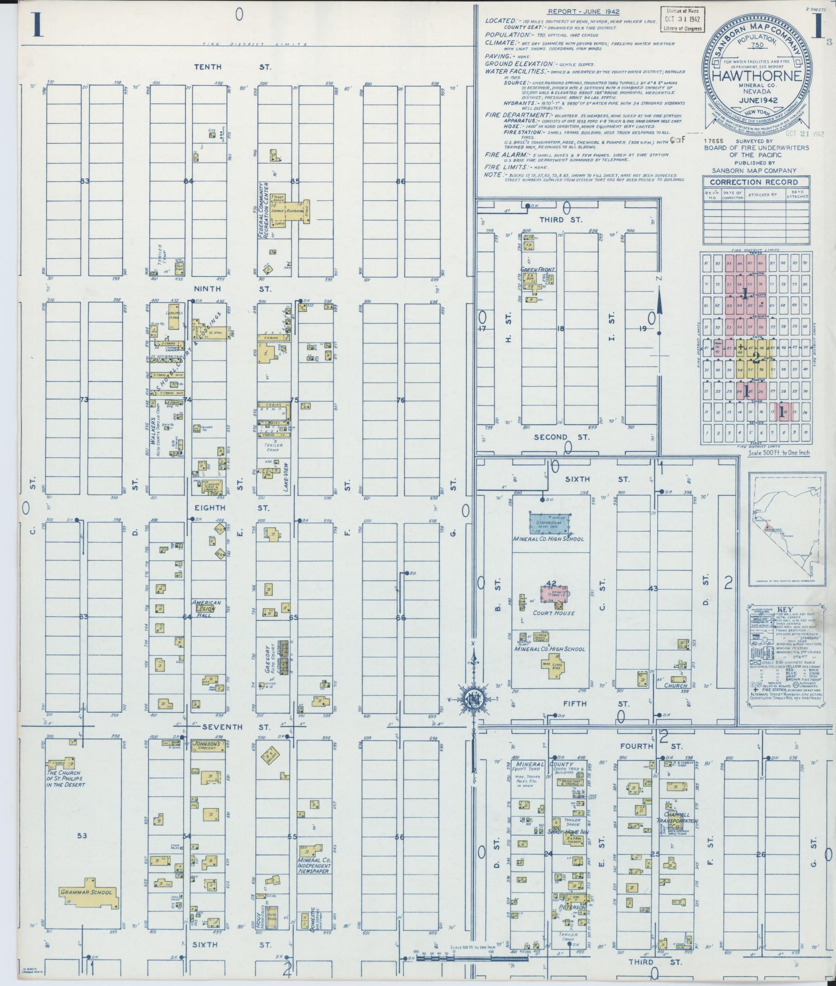 Sanborn Fire Insurance Map from Hawthorne, Mineral County, Nevada (1942), Sheet #0001 - Historic Sanborn Fire Insurance Map Print, vintage old map wall art, antique decor, genealogy gift, Nevada Nevada map