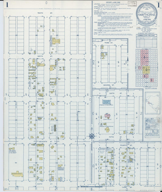 Sanborn Fire Insurance Map from Hawthorne, Mineral County, Nevada (1942), Sheet #0001 - Historic Sanborn Fire Insurance Map Print, vintage old map wall art, antique decor, genealogy gift, Nevada Nevada map