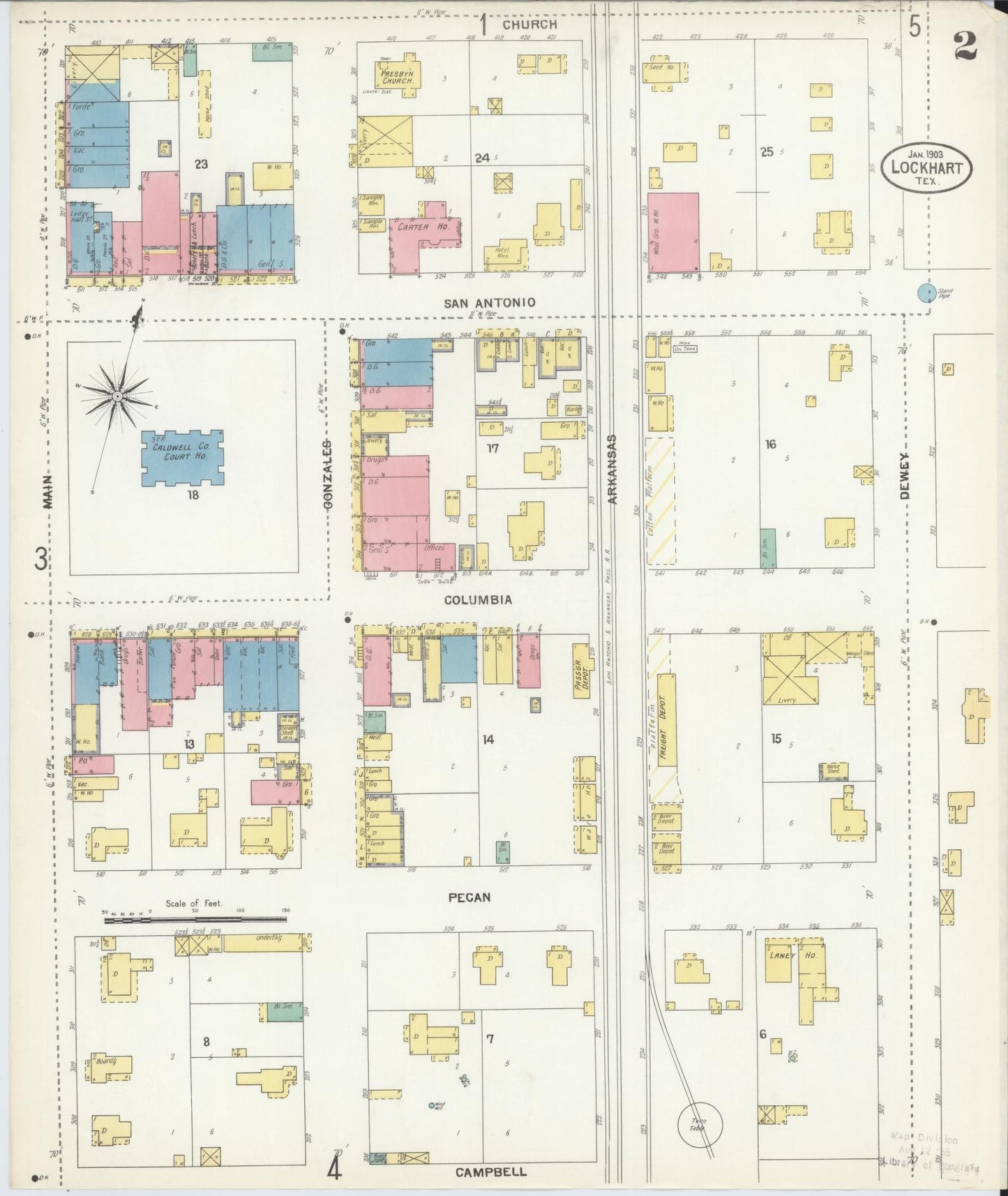 Sanborn Fire Insurance Map from Lockhart, Caldwell County, Texas (1903), Sheet #0002 - Complete Map Set gallery image, historic Sanborn map, vintage wall art, Texas Texas