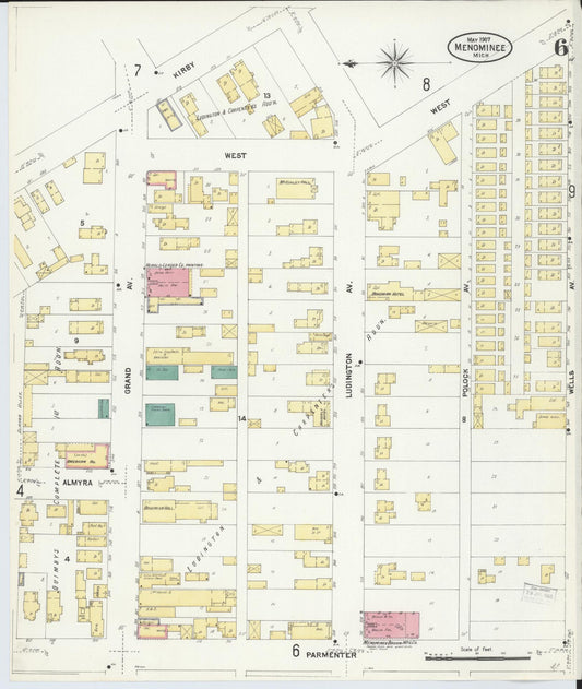 Sanborn Fire Insurance Map from Menominee, Menominee County, Michigan (1907), Sheet #0006 - Historic Sanborn Fire Insurance Map Print, vintage old map wall art, antique decor, genealogy gift, Michigan Michigan map